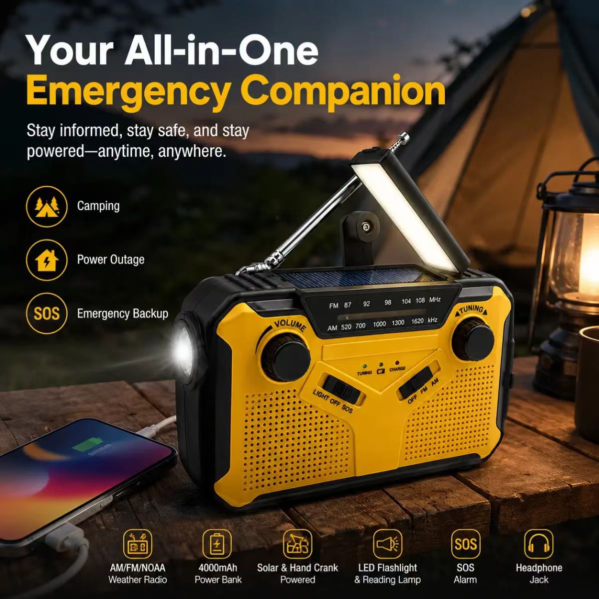 Emergency Radio Solar - Radio solar portátil AM/FM con manivela,